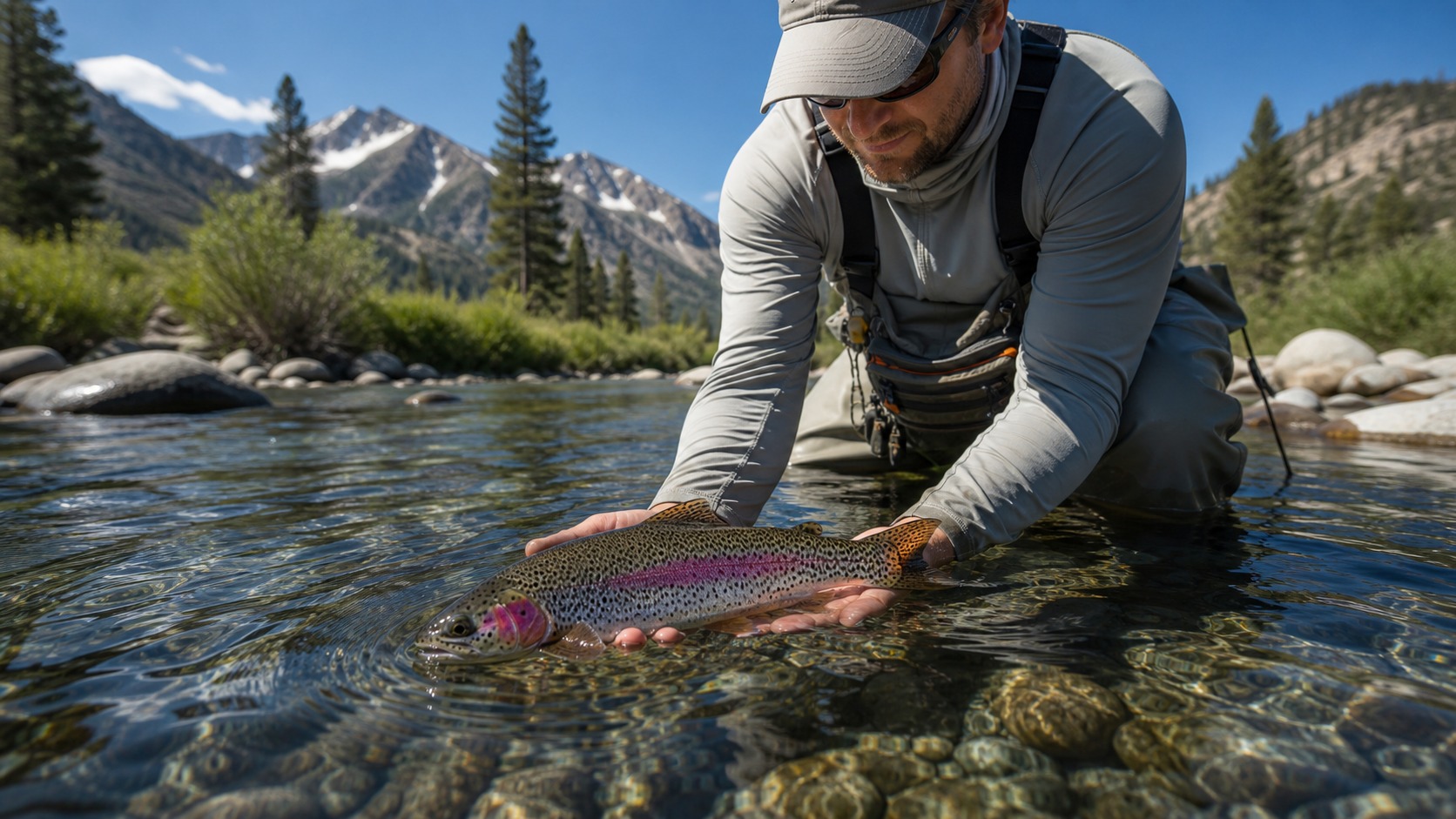 Trout fishing scene for How to Catch rainbow trout: A Complete Angler Guide