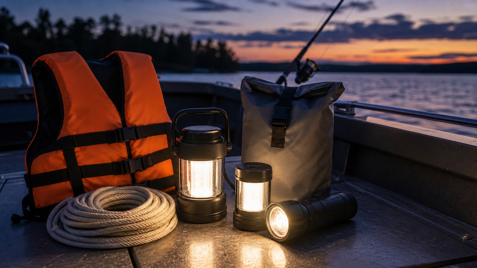Wide professional fishing scene representing How to Store Fishing Lighting and Safety Gear Without Damage for Beginners